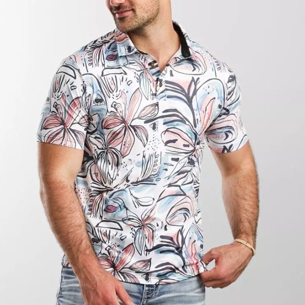 Flomotion Mens Abstract Floral Polo Sz L Performance Stretch Active Preppy Artsy